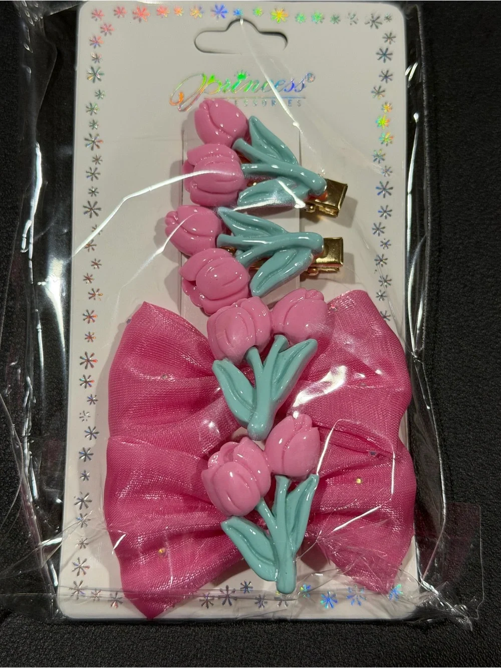Prince Pink Bow and Tulip Hair Clip Set